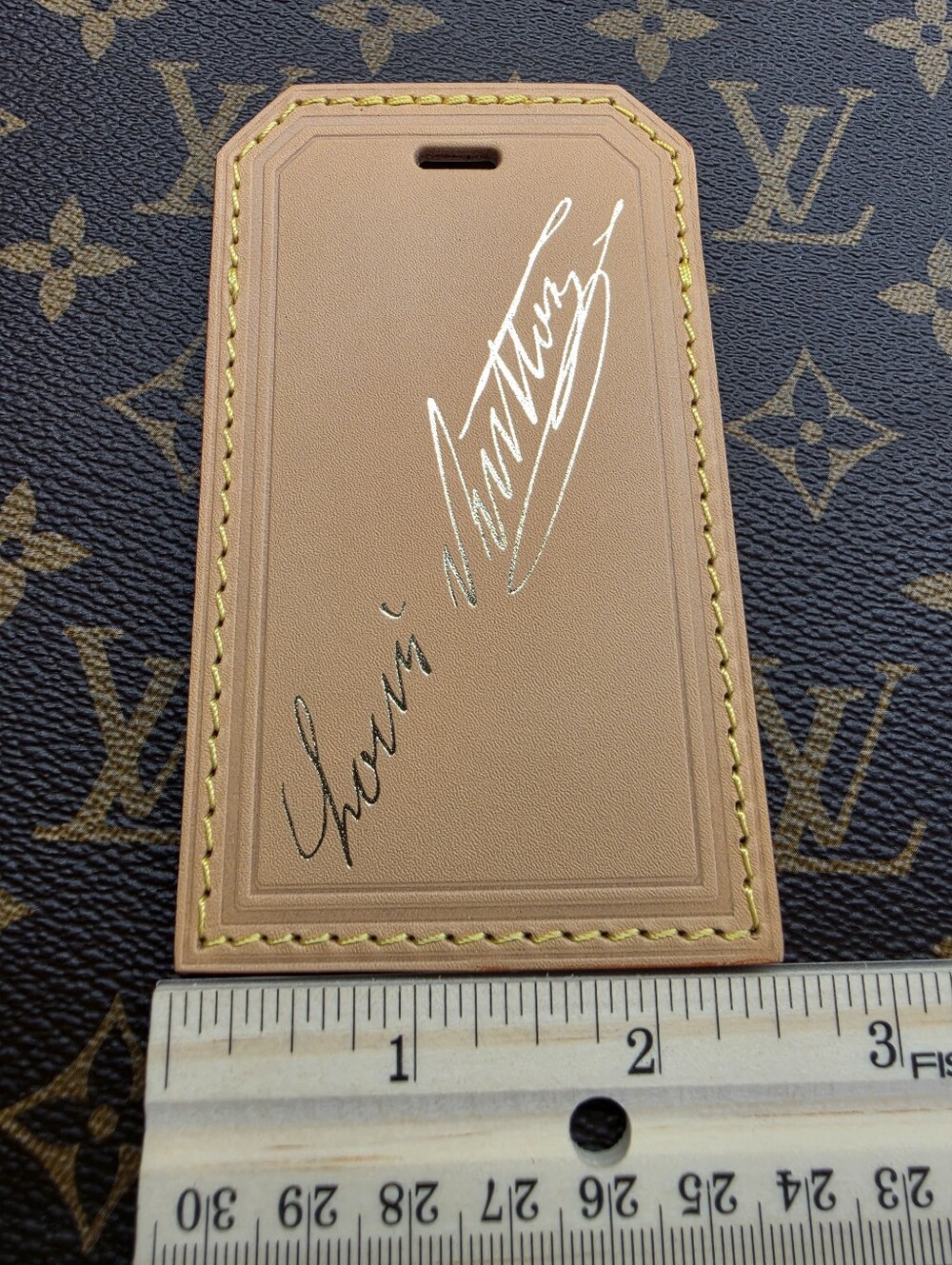 Louis Vuitton Tan Leather Signature Luggage Tag Name Tag with Yellow Stitching - Picture 8 of 10
